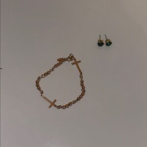 Elegant Gold Cross Bracelet and Earrings Set